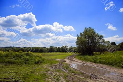 Rural road with puddle
