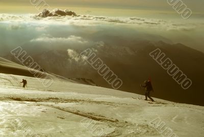 Telemark skiers on ascent of Mt Baker