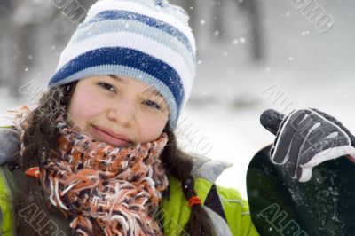 beautiful girl snowborder, snowfall