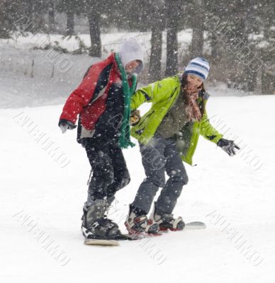 Happy snowboarding team, health lifestyle
