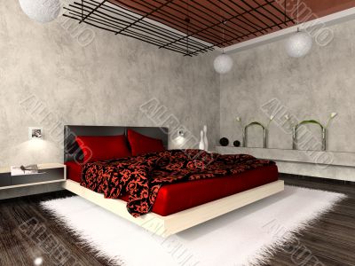 Luxurious interior of bedroom in red colour