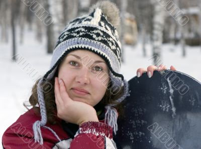 beautiful girl snowborder, snowfall