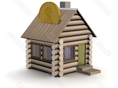 Wooden small house a coin box. 3D image.