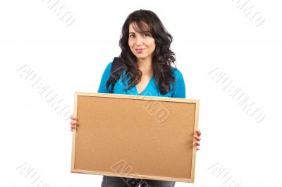Student woman holding the empty corkboard