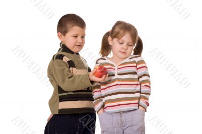 Two children and an apple