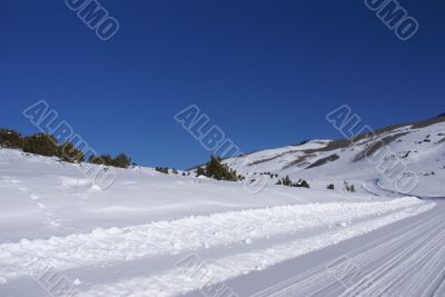 Tracks on snow covered road in mountain