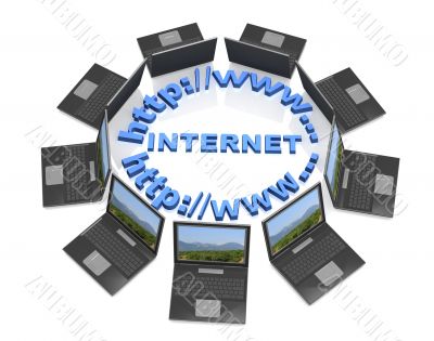 Nine 3d laptop, located around of a word  Internet