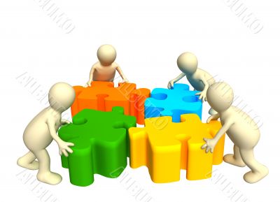 Four puppets, holding in hands a puzzle