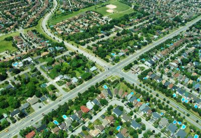 Aerial view of intersection in residential area