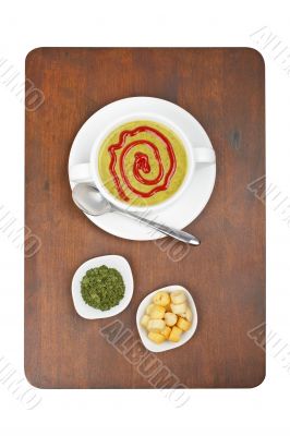 Puree, bread croutons and parsley