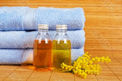Towels and soap bottles