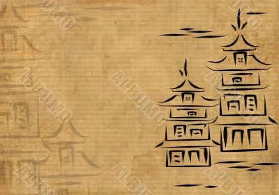 Japanese houses, drawn by ink on a rice paper