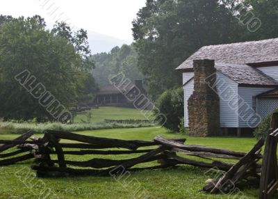 White framed farm buildings