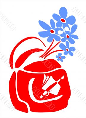 School bag and blue flowers