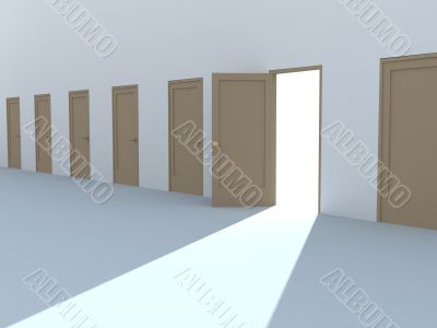 Open 3d door in a row of the closed doors