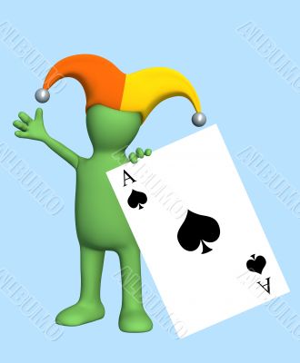 3d joker-puppet, holding in a hand of  black ace