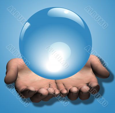 Shiny Blue Crystal Ball in 3D Hands Illustration