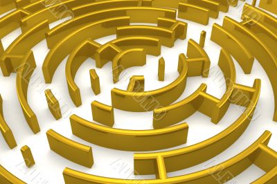 The gold labyrinth with reflection. 3D image.