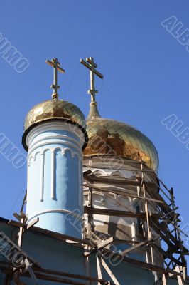 Church turret in scaffolding.