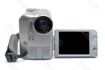 MiniDV videocamera facing us on white background