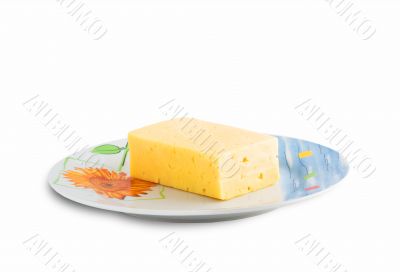 fresh and tasty slice of cheese, white background