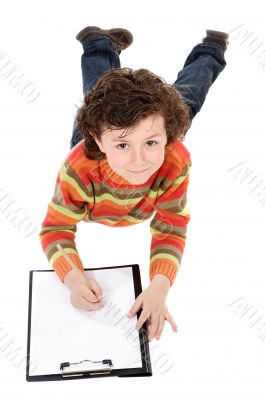 Boy write in clipboard