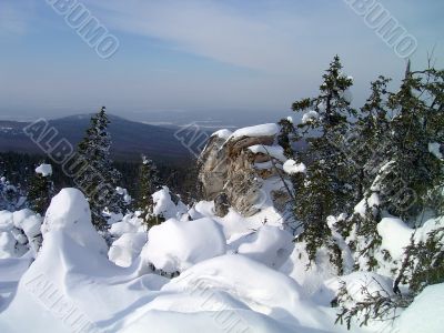 winter in mountains, rocks, woods