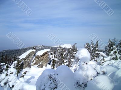 winter in mountains, rocks, woods