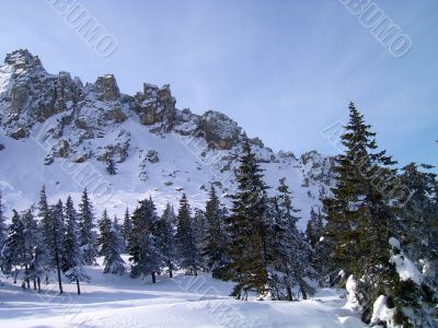 winter in mountains, rocks, woods