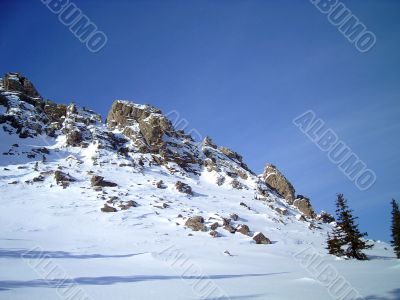 winter in mountains, rocks, woods