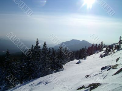 winter in mountains, rocks, woods