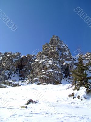 winter in mountains, rocks, wood