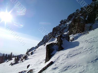 winter in mountains, forest, rocks
