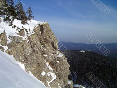 winter in mountains, forest, rocks