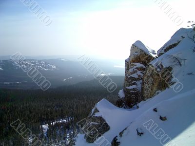 winter in mountains, forest, rocks