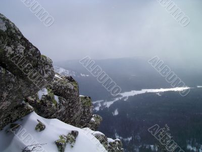 winter in mountains, forest, rocks