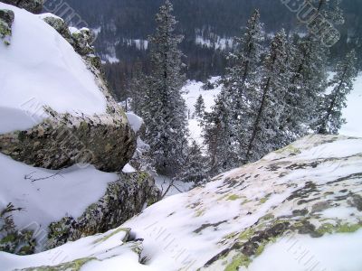 winter in mountains, forest, rocks