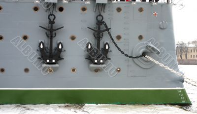 Two anchors, chains, bow windows