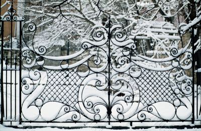 Elaborate gate in winter.