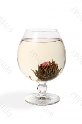 Glass with a flower green tea