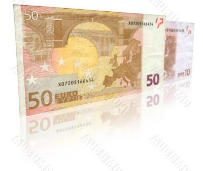 two euro notes with reflection