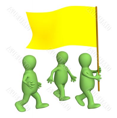 Group of the puppets, going with a yellow flag