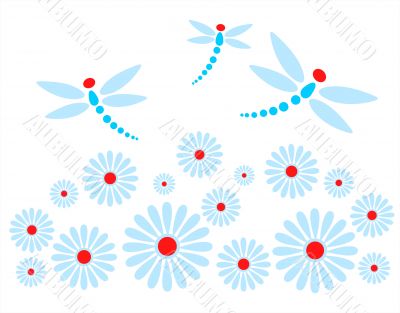 chamomiles and blue dragonflies