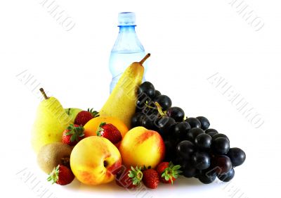 various of ripe fresh fruits with bottle of water