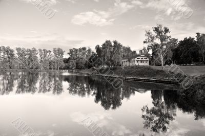 Blue square pond with reflections