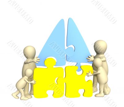 Family puppets, building the house from a puzzle