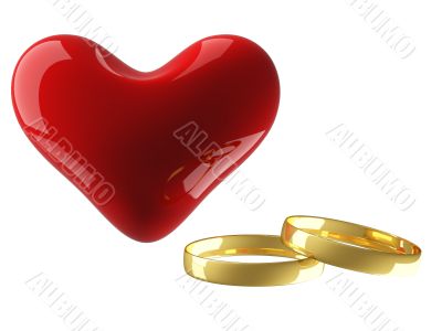 Heart with wedding rings on a white background. 3D image.