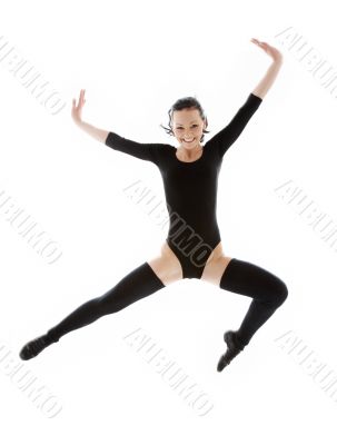 jumping girl in black leotard