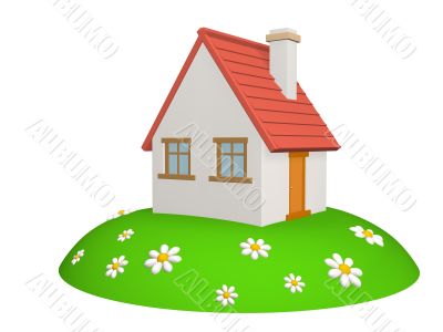 3d house on a green hill, with camomiles