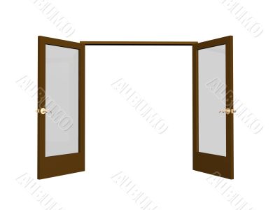 3D open brown doors with transparent glasses